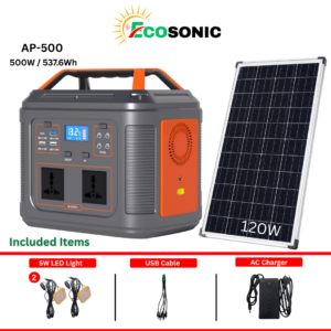 Ecosonic AP-500 537.6W 512Wh Portable Pure Sine Wave Solar IPS 120W Mono Solar Panel