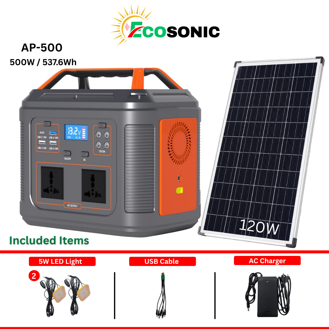 Ecosonic AP-500 537.6W 512Wh Portable Pure Sine Wave Solar IPS 120W Mono Solar Panel Ecosonic AP-500 537.6W 512Wh Portable Pure Sine Wave Solar IPS 120W Mono Solar Panel