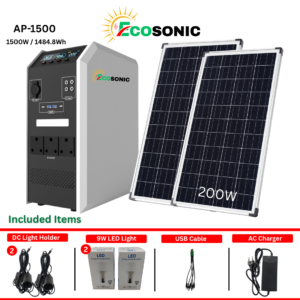 Ecosonic AP-1500 1500W 1484.8Wh Pure Sine Wave Solar IPS Energy Storage System 2×100W Mono Solar Panels