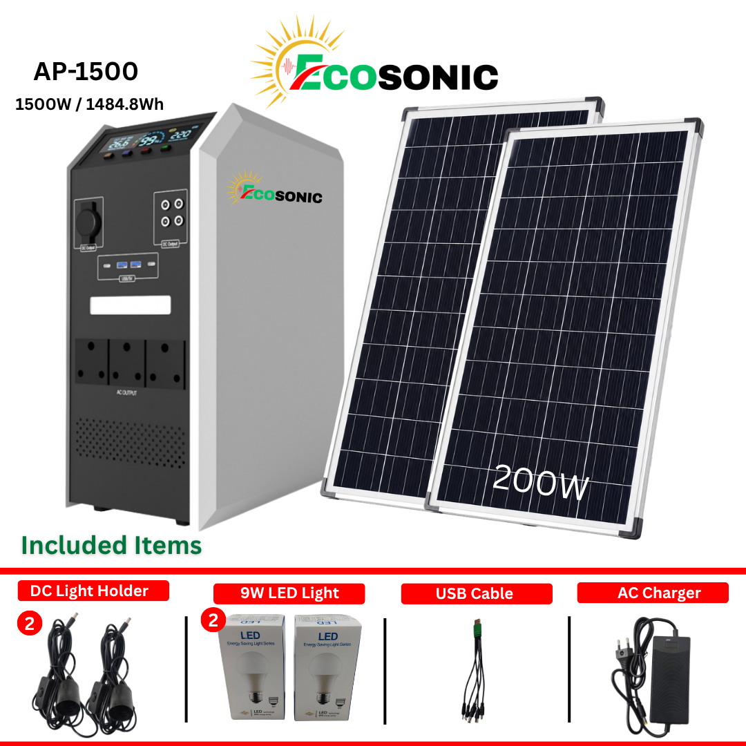 Ecosonic AP-1500 1500W 1484.8Wh Pure Sine Wave Solar IPS Energy Storage System 2×100W Mono Solar Panels Ecosonic AP-1500 1500W 1484.8Wh Pure Sine Wave Solar IPS Energy Storage System 2×100W Mono Solar Panels