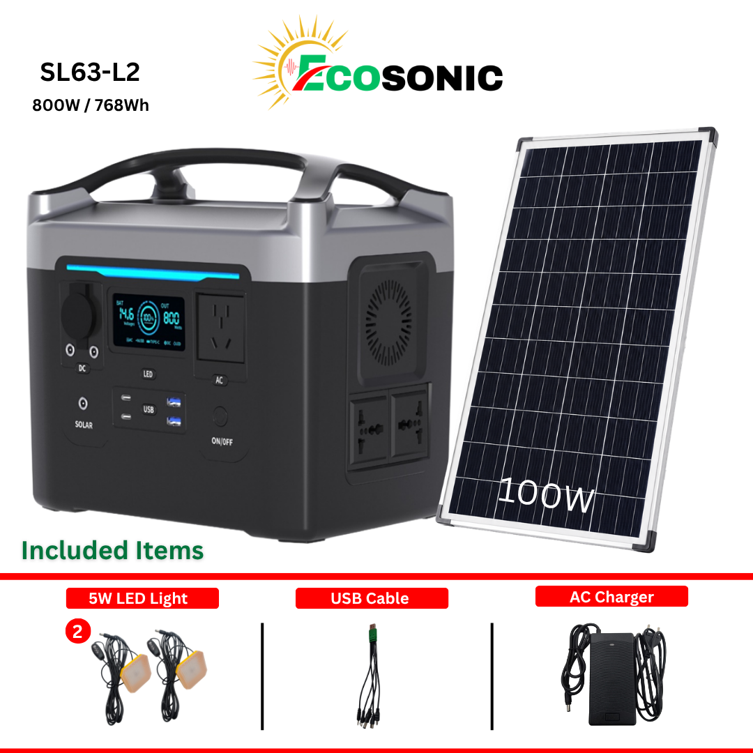 Ecosonic SL63-L2 800W 768Wh Pure Sine Wave Solar IPS System 100W Mono Solar Panel Ecosonic SL63-L2 800W 768Wh Pure Sine Wave Solar IPS System 100W Mono Solar Panel