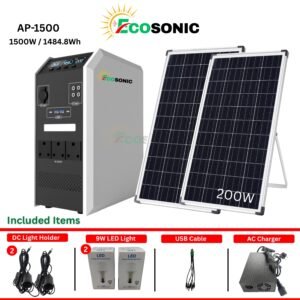 Ecosonic AP-1500 1500W 1484.8Wh Pure Sine Wave Solar IPS Energy Storage System 2×100W Mono Solar Panels