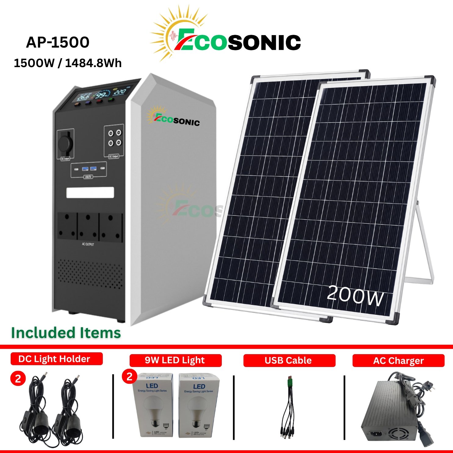 Ecosonic AP-1500 1500W 1484.8Wh Pure Sine Wave Solar IPS Energy Storage System 2×100W Mono Solar Panels Ecosonic AP-1500 1500W 1484.8Wh Pure Sine Wave Solar IPS Energy Storage System 2×100W Mono Solar Panels