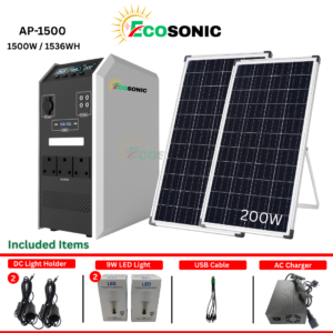 Ecosonic AP-1500 1500W 1536Wh Pure Sine Wave Solar IPS Energy Storage System 2×100W Mono Solar Panels