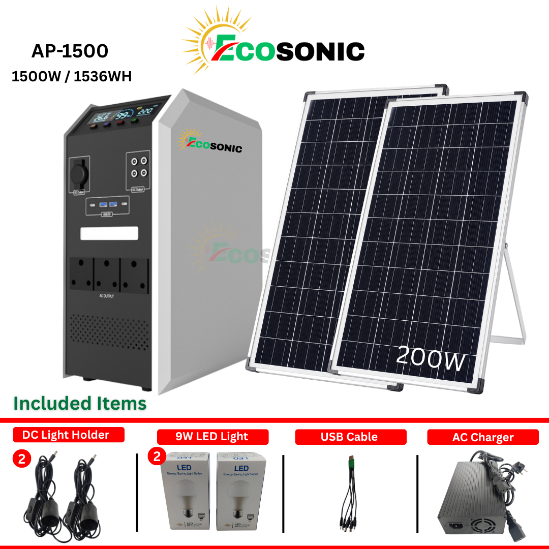 Ecosonic AP-1500 1500W 1536Wh Pure Sine Wave Solar IPS Energy Storage System 2×100W Mono Solar Panels Ecosonic AP-1500 1500W 1536Wh Pure Sine Wave Solar IPS Energy Storage System 2×100W Mono Solar Panels