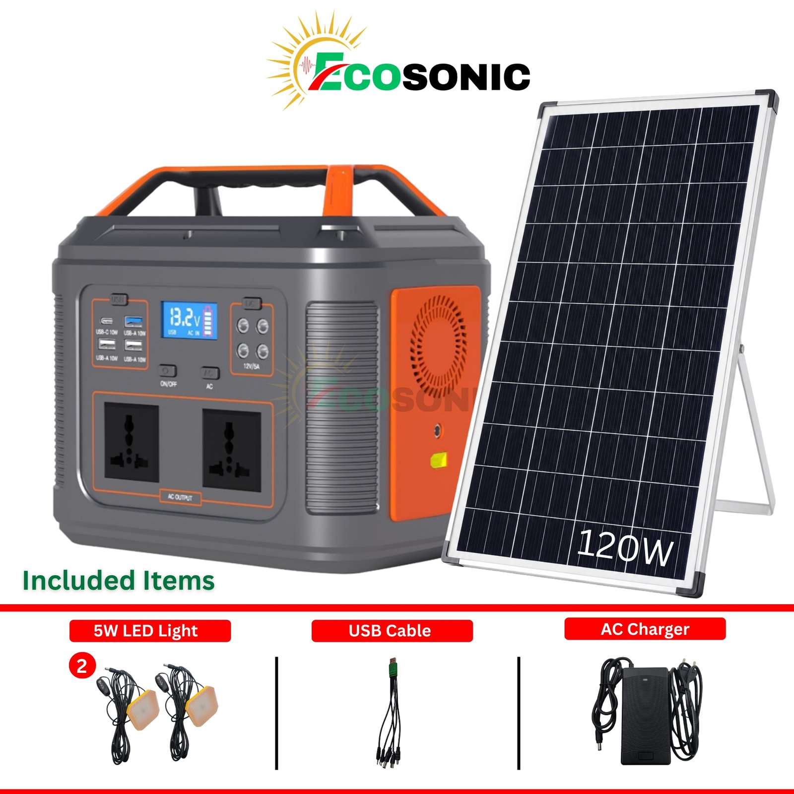 Ecosonic AP-500 500W 512Wh Portable Pure Sine Wave Solar IPS 120W Mono Solar Panel Ecosonic AP-500 500W 512Wh Portable Pure Sine Wave Solar IPS 120W Mono Solar Panel