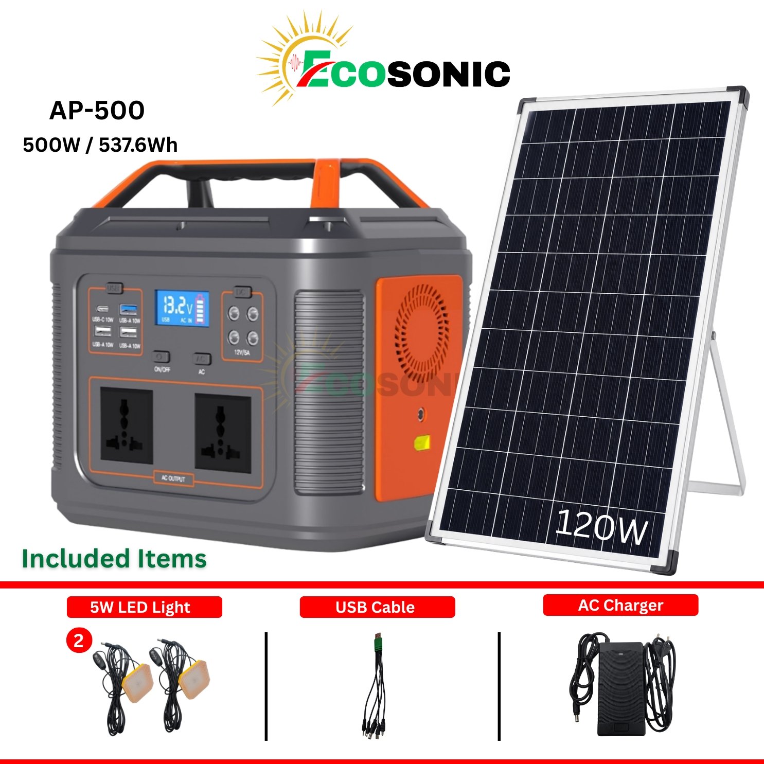 Ecosonic AP-500 537.6W 512Wh Portable Pure Sine Wave Solar IPS 120W Mono Solar Panel Ecosonic AP 500 537.6W 512Wh Portable Pure Sine Wave Solar IPS 120W Mono Solar Panel