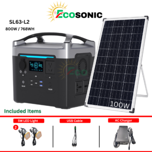EcoSONIC SL63-L2 800W / 768Wh Pure Sine Wave Solar IPS System | 100W Mono Solar Panel