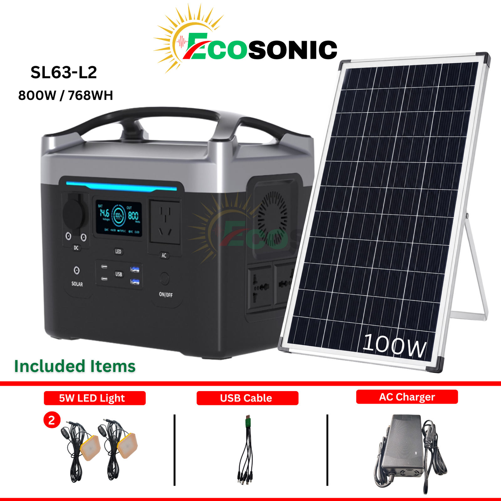 Ecosonic SL63-L2 800W 768Wh Pure Sine Wave Solar IPS System 100W Mono Solar Panel Ecosonic SL63 L2 800W 768Wh Pure Sine Wave Solar IPS System 100W Mono Solar Panel